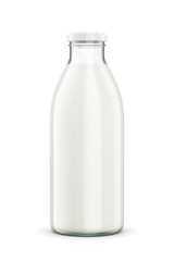 Glass bottle of milk isolated. Twist off metal screw cap, no label. 3D rendering. Transparent PNG image