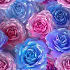 Purple Pink Blue Rose Flowers Glitter White Background Tile Seamless Background. Generative AI