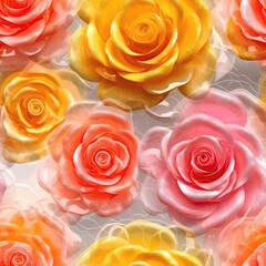 Pink Orange Yellow Rose Flowers Glitter White Background Tile Seamless Background. Generative AI