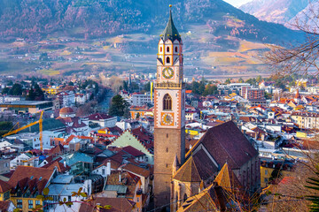 Merano churh of San Nicolo bell tower city centre aerial panoramic view. Merano or Meran is a town...
