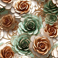 Brown Green Rose Flowers Glitter White Background Tile Seamless Background. Generative AI