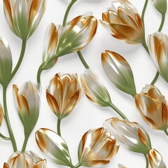 Brown Green Tulip Flowers Glitter White Background Tile Seamless Background. Generative AI