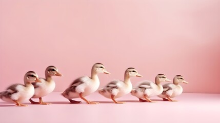 Ducklings in a Row on Pastel Pink Studio Background