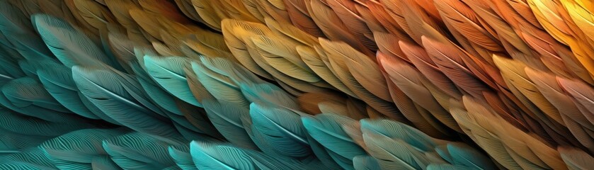 Very Detailed Feathers Pastel Brown Green Tones Panoramic Banner. Generative AI