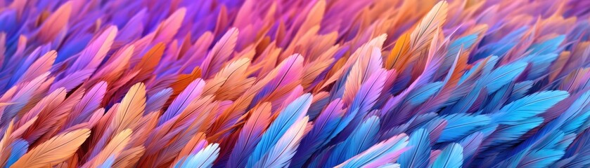 Very Detailed Feathers Pastel Blue Orange Purple Tones Panoramic Banner. Generative AI