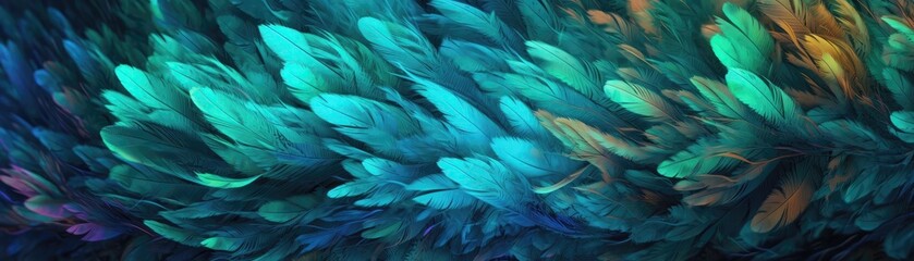 Fototapeta na wymiar Very Detailed Feathers Pastel Turquoise Tones Panoramic Banner. Generative AI