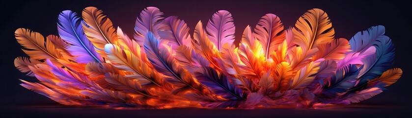 Very Detailed Feathers Pastel Green Purple Orange Tones Panoramic Banner. Generative AI