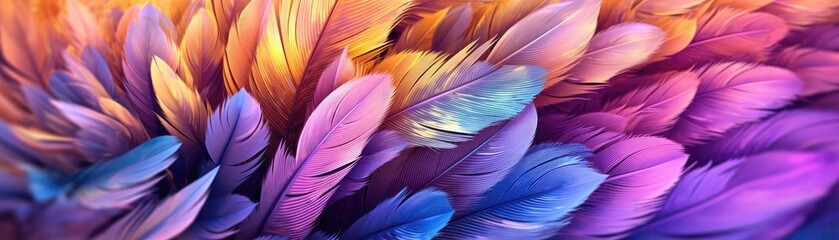 Very Detailed Feathers Pastel Purple Yellow Tones Panoramic Banner. Generative AI