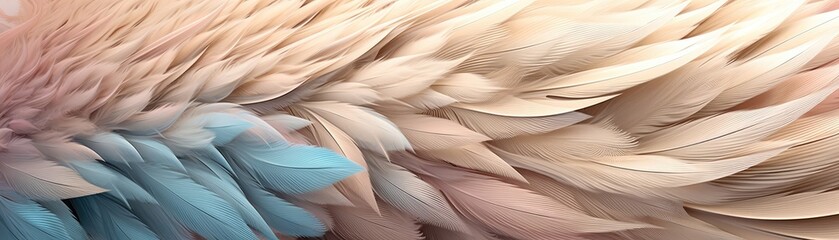 Very Detailed Feathers Pastel Beige Tones Panoramic Banner. Generative AI