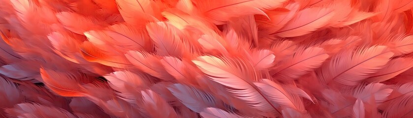 Fototapeta na wymiar Very Detailed Feathers Pastel Orange Red Tones Panoramic Banner. Generative AI