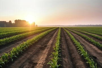 Obraz premium Field with rows of young corn. Morning rural landscape
