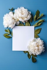 Obraz na płótnie Canvas Blank White Card On Blue Background With Peonies Postcard. Generative AI