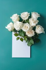 Obraz na płótnie Canvas Blank White Card On Turquoise Background With Roses Postcard. Generative AI
