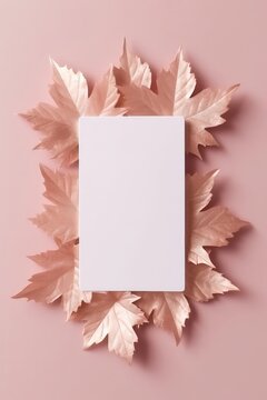 Blank White Card On Rose Gold Background With Maple Leaves Postcard. Generative AI