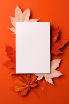 Blank White Card On Orange Background With Maple Leaves Postcard. Generative AI