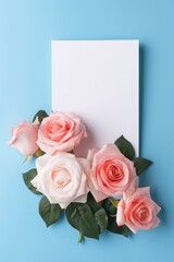 Blank White Card On Pastel Pink And Blue Background With Roses Postcard. Generative AI