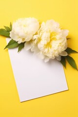 Blank White Card On Yellow Background With Peonies Postcard. Generative AI