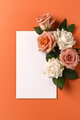 Blank White Card On Orange And Pink Background With Roses Postcard. Generative AI