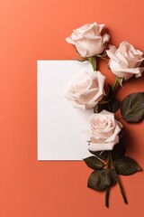 Blank White Card On Coral Background With Roses Postcard. Generative AI