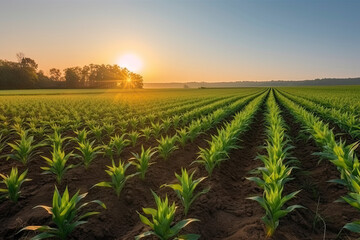 Field with rows of young corn. Morning rural landscape