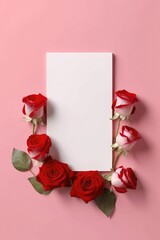 Blank White Card On Pink Background With Red Roses Postcard. Generative AI