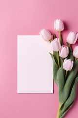 Blank White Card On Pink Background With Tulips Postcard. Generative AI