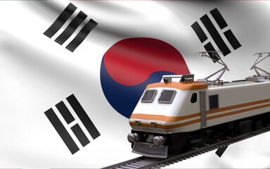 Fototapeta premium South Korea country national flag with speed trains railroad locomotive tourist traveling path international journey infrastructure concept 3d rendering image