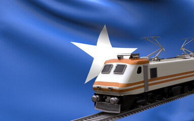 Somalia country national flag with speed trains railroad locomotive tourist traveling path international journey infrastructure concept 3d rendering image