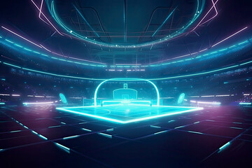 E-sport arena in Glow scenery, 3d rendering illustration.