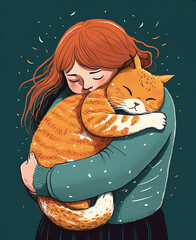 Girl hugging his cute ginger cat cartoon illustration. Friendship of kid and funny animal for Hug Your Cat Day or Pet Day. Generative AI
