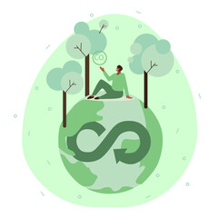 Vector illustration in flat design style on the theme of environmental protection. Renewable energy, clean air, cleaner production, happy people in a clean environment