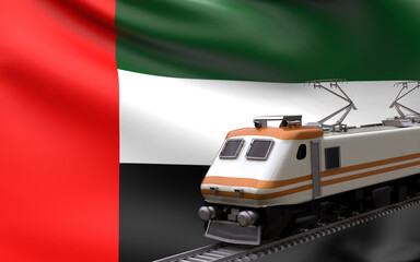 United Arab Emirates country national flag with speed trains railroad locomotive tourist traveling path international journey infrastructure concept 3d rendering image