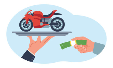 Motorcycle sale, motorcycle rental, seller gives bike and buyer money. Customer with cash and agent with transport. New vehicle buying or renting cartoon flat isolated vector concept