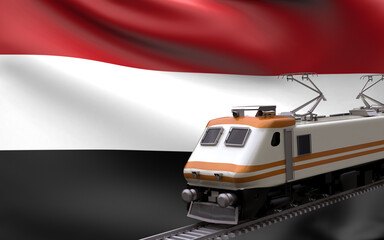 Yemen country national flag with speed trains railroad locomotive tourist traveling path international journey infrastructure concept 3d rendering image