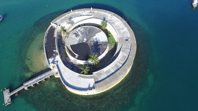 Historic fortress building in the middle of the sea. Forte S&atilde;o Marcelo in Salvador Bahia Brazil