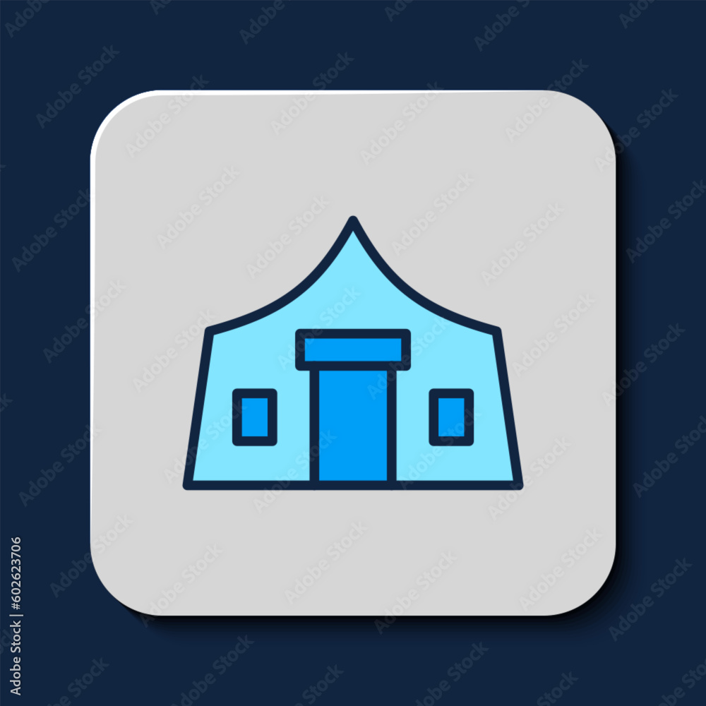 Wall mural Filled outline Tourist tent icon isolated on blue background. Camping symbol. Vector