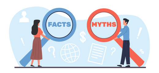 Myths or facts, woman and man look through magnifying glass and compare truth and lies. Choice right information, false and true info, cartoon flat style isolated illustration. Vector concept