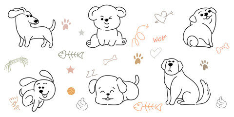Doodle Cartoon dog illustration set in different poses. Cute sitting, running and lying vector dog isolated on white background