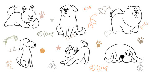 Doodle Cartoon dog illustration set in different poses. Cute sitting, running and lying vector dog isolated on white background