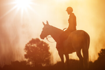 The silhouette of a horse rider and her horse against the background of sunset.