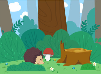 Cute hedgehog sleeping on lawn near stump flat style © sabelskaya