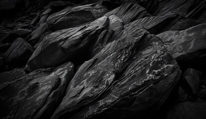 Black rock background. Dark gray stone texture. Black grunge background. ai