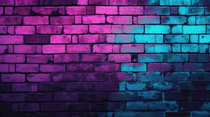 Black brick wall background with neon lighting effect from pink and purple to blue. Glowing lights in the dark on empty brick wall background. ai

