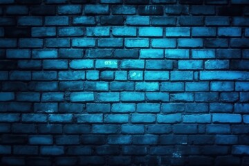 Black brick wall background with blue cyan neon lighting effect. Glowing lights in the dark on empty brick wall background. ai
