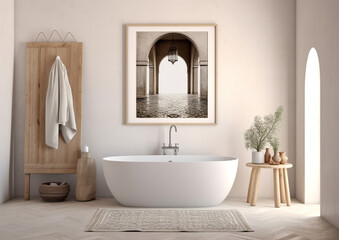 interior of a natural minimal boho style bathroom with one  frame mock up art above bathtub , generative ai