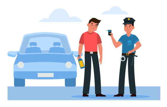 Police officer stops drunk driver and suggests he take breathalyzer test. Alcohol testing. Man character holding bottle. Dangerous behavior on the road. Cartoon flat isolated vector concept