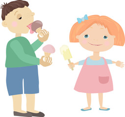 Boy and girl joyfully eat refreshing ice cream