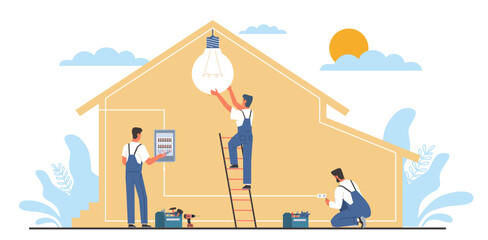 Professional electricians install electrical switchboard, socket and make lighting in house. Technical workmen in uniform fix wires, repairing electrical panel. Cartoon flat vector concept