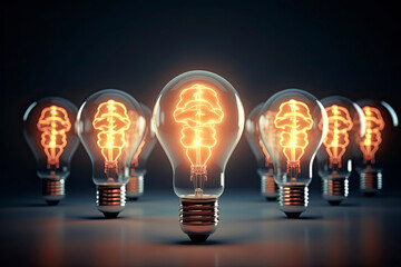 Illuminated light bulb with brain inside in a row. One different glowing on circuit. Business bright idea