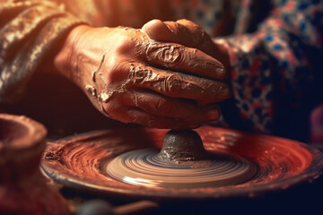 A close-up of a potter's hands shaping clay on a spinning wheel, capturing the artistic process of pottery making.  Generative AI technology - obrazy, fototapety, plakaty